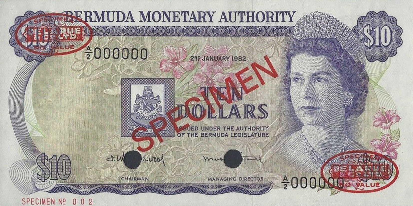  Diagonal red SPECIMEN and DLR oval ovpts; horizontal red SPECIMEN No # ovpt lower left; all-zero s/n 