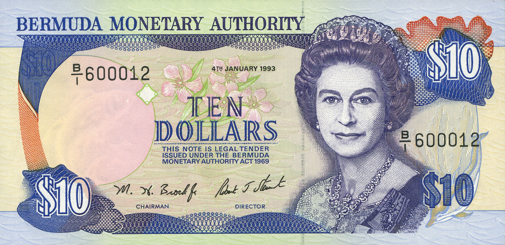  4TH JANUARY 1993 Sig 13: Brock/Stewart (black) Solid security thread with printed BERMUDA Prefix B/1 