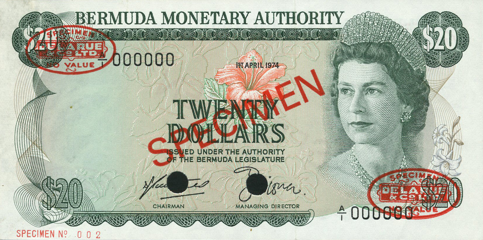  Diagonal red SPECIMEN and DLR oval ovpts; horizontal red SPECIMEN No # ovpt lower left; all-zero s/n 