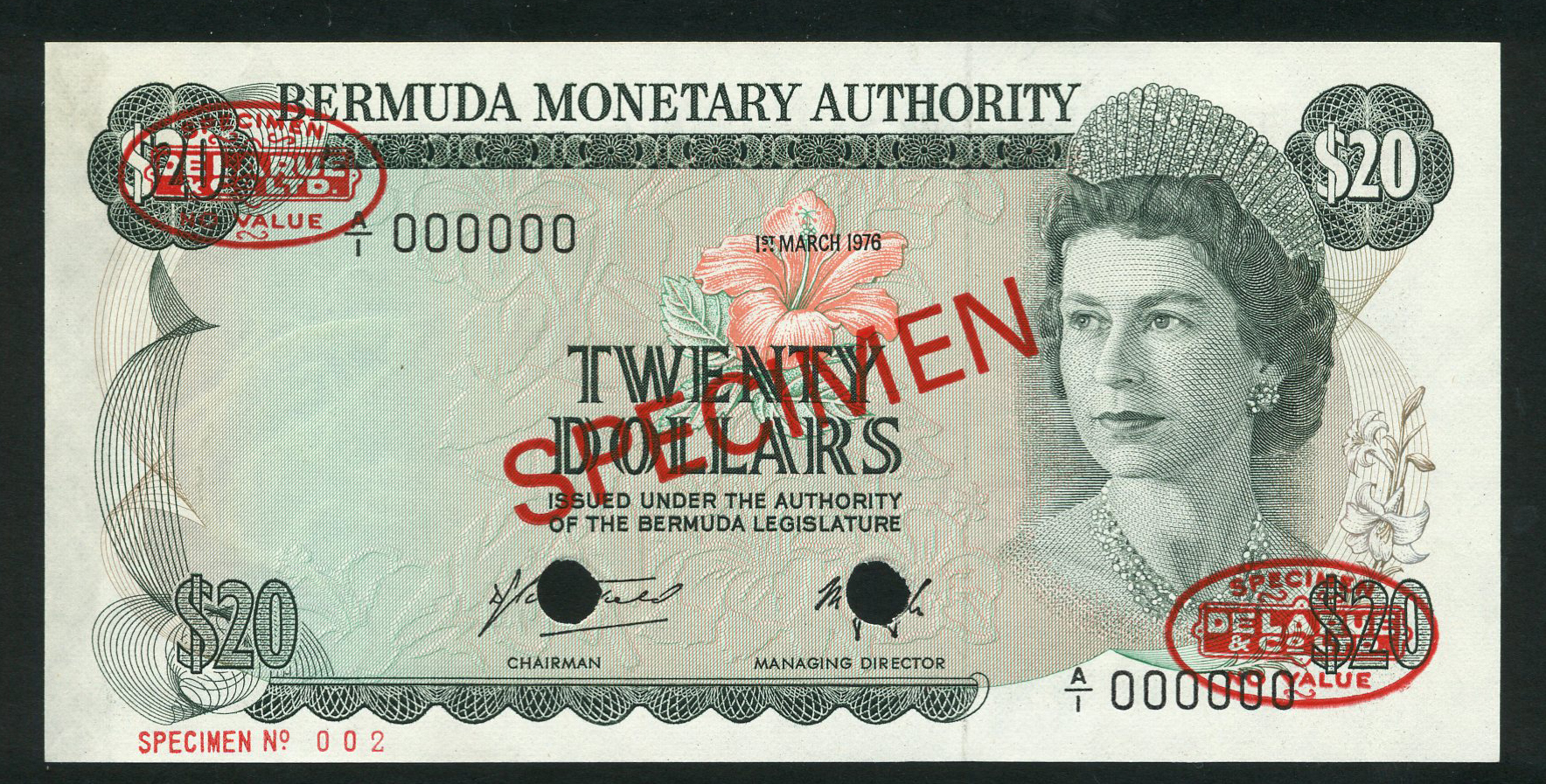  Diagonal red SPECIMEN and DLR oval ovpts; horizontal red SPECIMEN No # ovpt lower left; all-zero s/n 