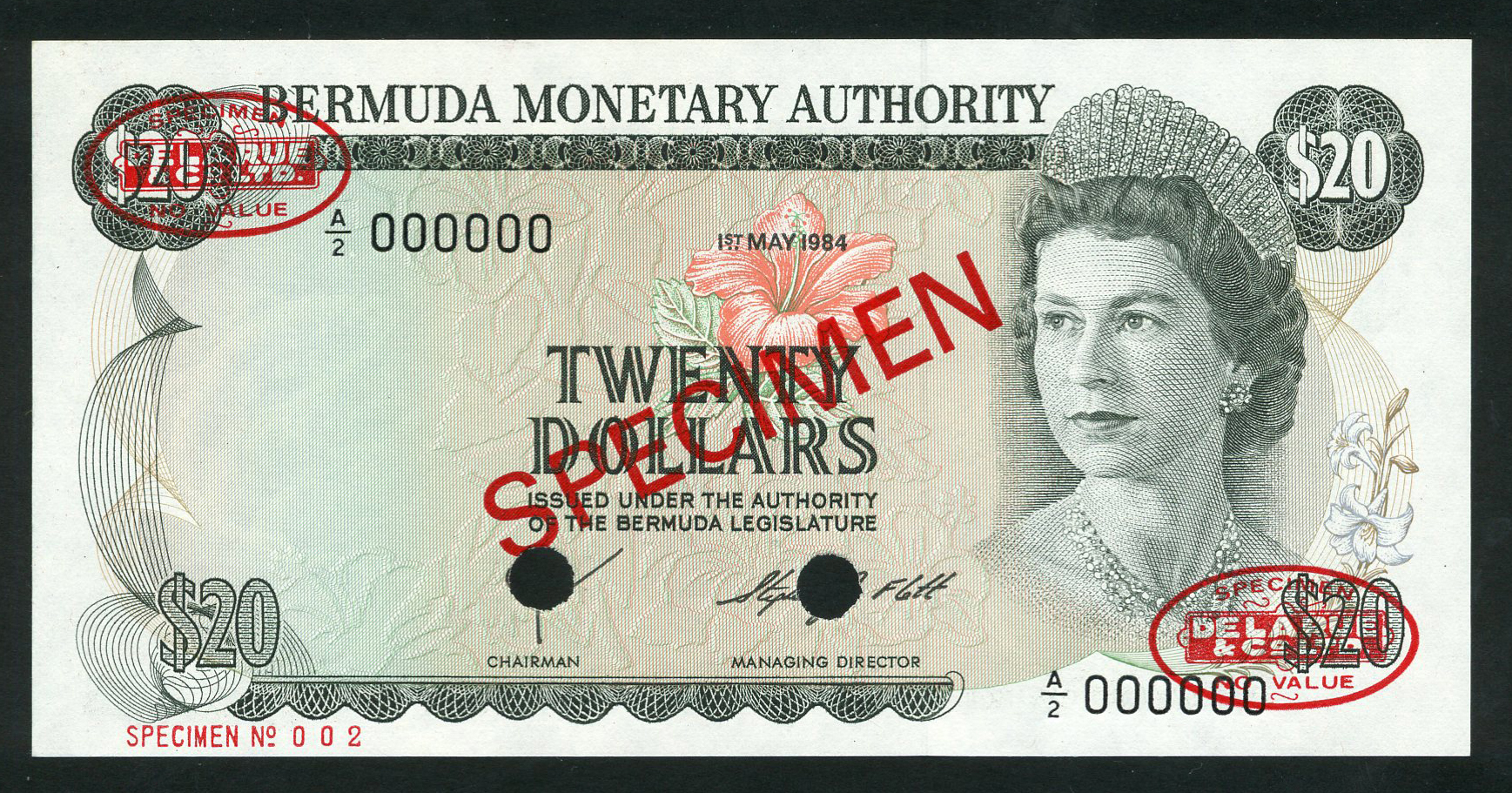  Diagonal red SPECIMEN and DLR oval ovpts; horizontal red SPECIMEN No # ovpt lower left; all-zero s/n 