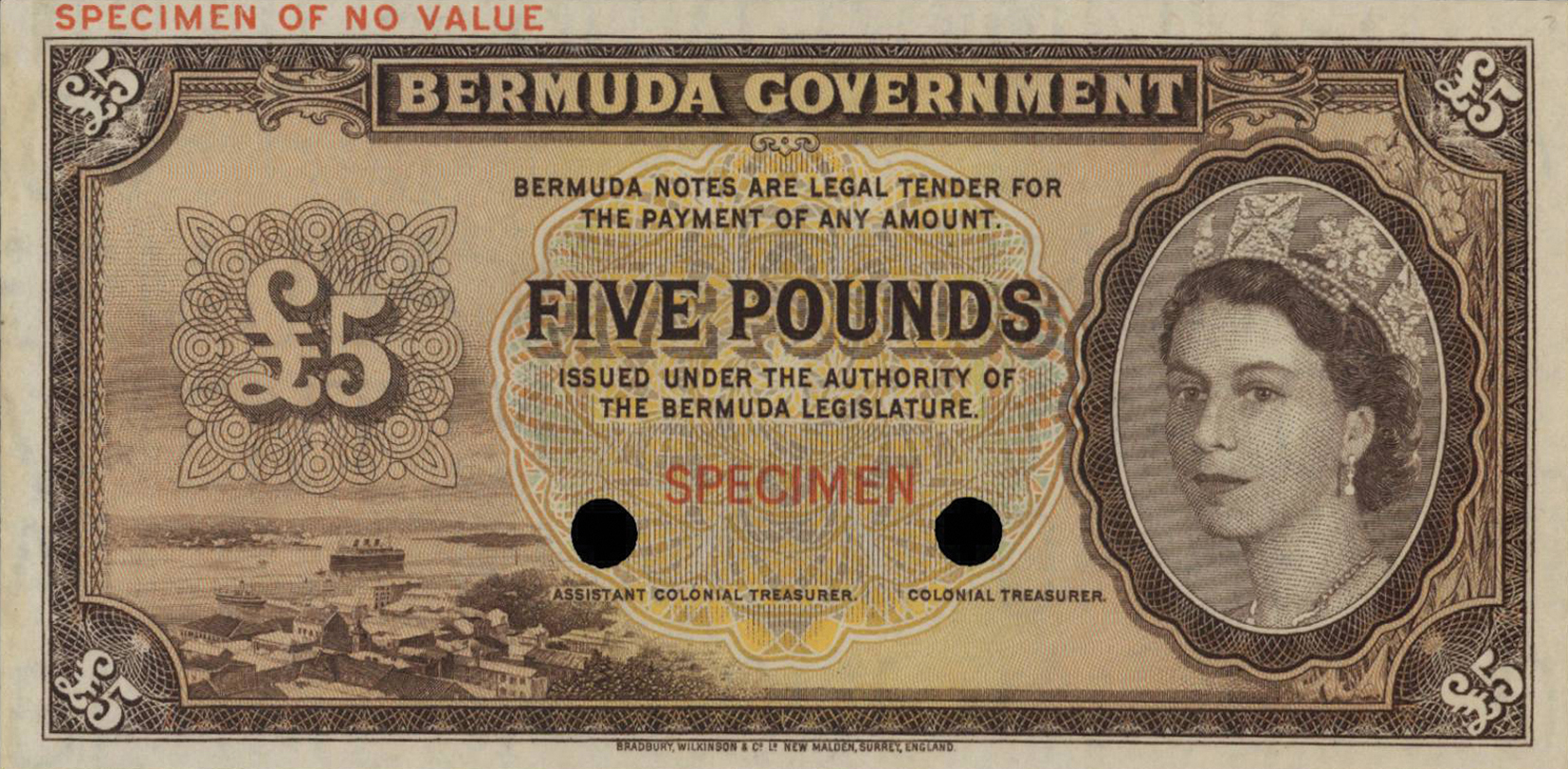  Brown; horizontal red SPECIMEN ovpt front/back; horizontal red SPECIMEN OF NO VALUE ovpt upper left front/back; horizontal black # ovpt upper left back; no date; no sig ; no s/n 