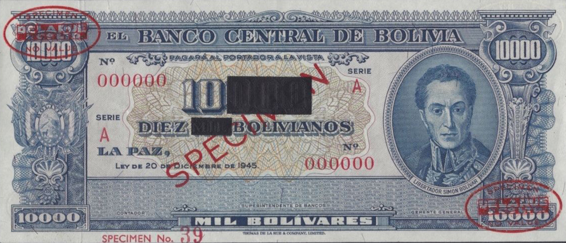  Diagonal red SPECIMEN and DLR oval ovpts; horizontal red SPECIMEN No ovpt lower left; horizontal black rectangular ovpts obscuring denomination front; no sig ; all-zero s/n 