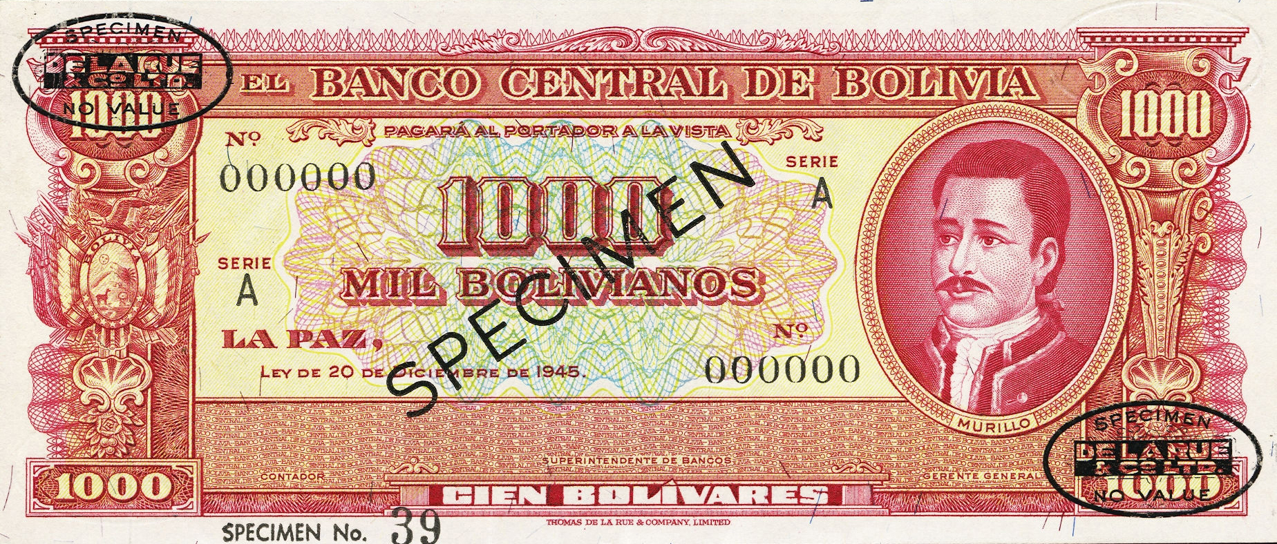  Black DLR oval ovpts front/back; diagonal black SPECIMEN ovpt front; diagonal red SPECIMEN ovpt back; horizontal black SPECIMEN No ovpt lower left; no sig ; all-zero s/n 