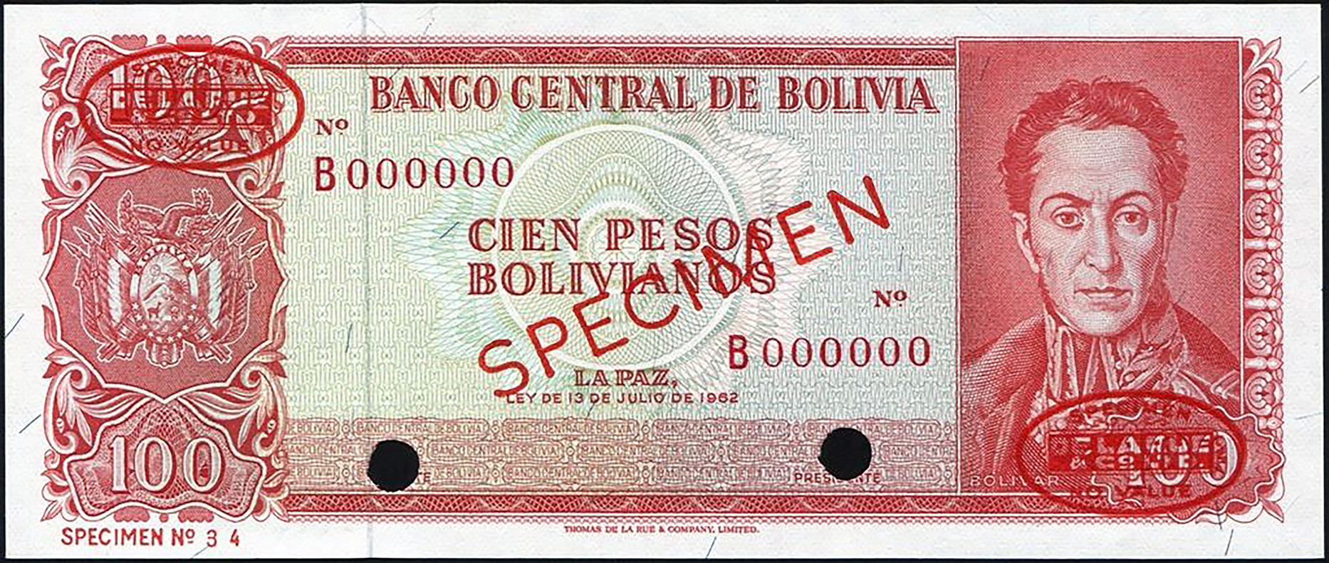  Diagonal red SPECIMEN and DLR oval ovpts; horizontal red SPECIMEN No ovpt lower left; no sig ; all-zero s/n 