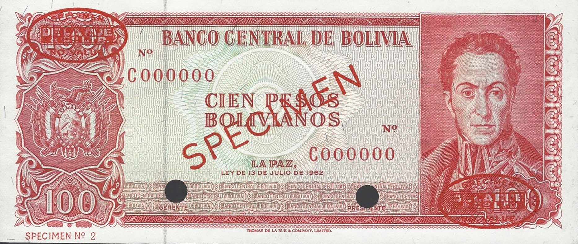  Diagonal red SPECIMEN and DLR oval ovpts; horizontal red SPECIMEN No ovpt lower left; no sig ; all-zero s/n 