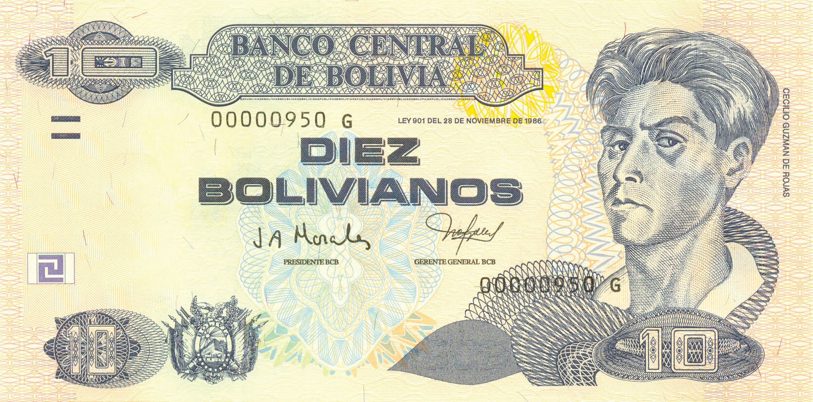  28 DE NOVIEMBRE DE 1986 Sig 88: Morales/Nogales Wmk: Cecilio Guzmán de Rojas and electrotype 10 Printer: F C OBERTHUR Suffix G Intro: 2005 