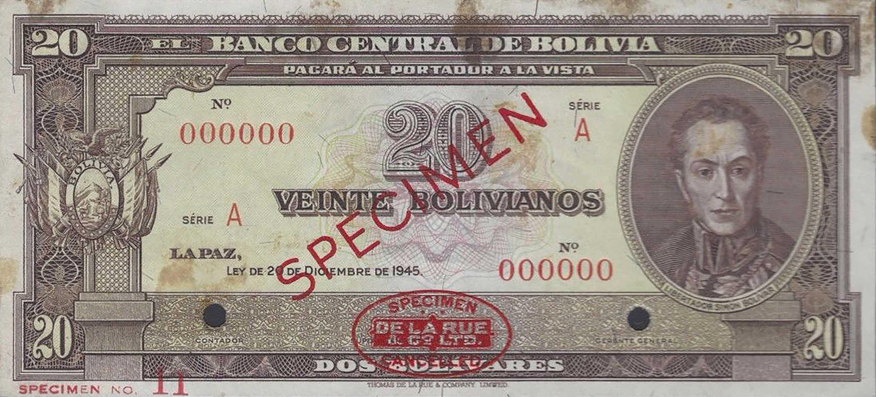  Diagonal red SPECIMEN ovpt front; red DLR oval ovpt lower center front; horizontal red SPECIMEN NO # ovpt lower left; diagonal black SPECIMEN ovpt back; no sig ; all-zero s/n 