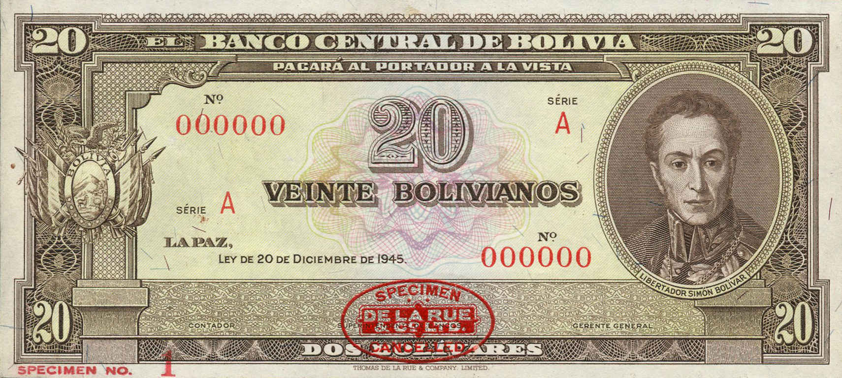  Red DLR oval ovpt lower center front; horizontal red SPECIMEN NO # ovpt lower left; no sig ; all-zero s/n 