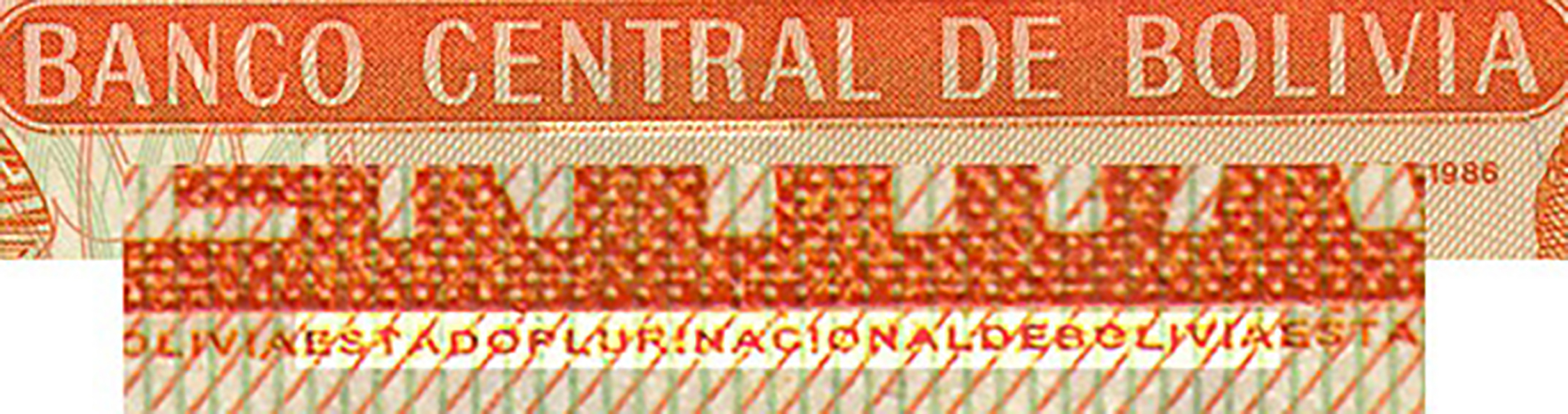  Sig 90: Loza/Pardo Wmk: Pantaléon Dalence, pixelated pattern, and electrotype 20 Printer: CBN Suffix I Intro: 2011 
