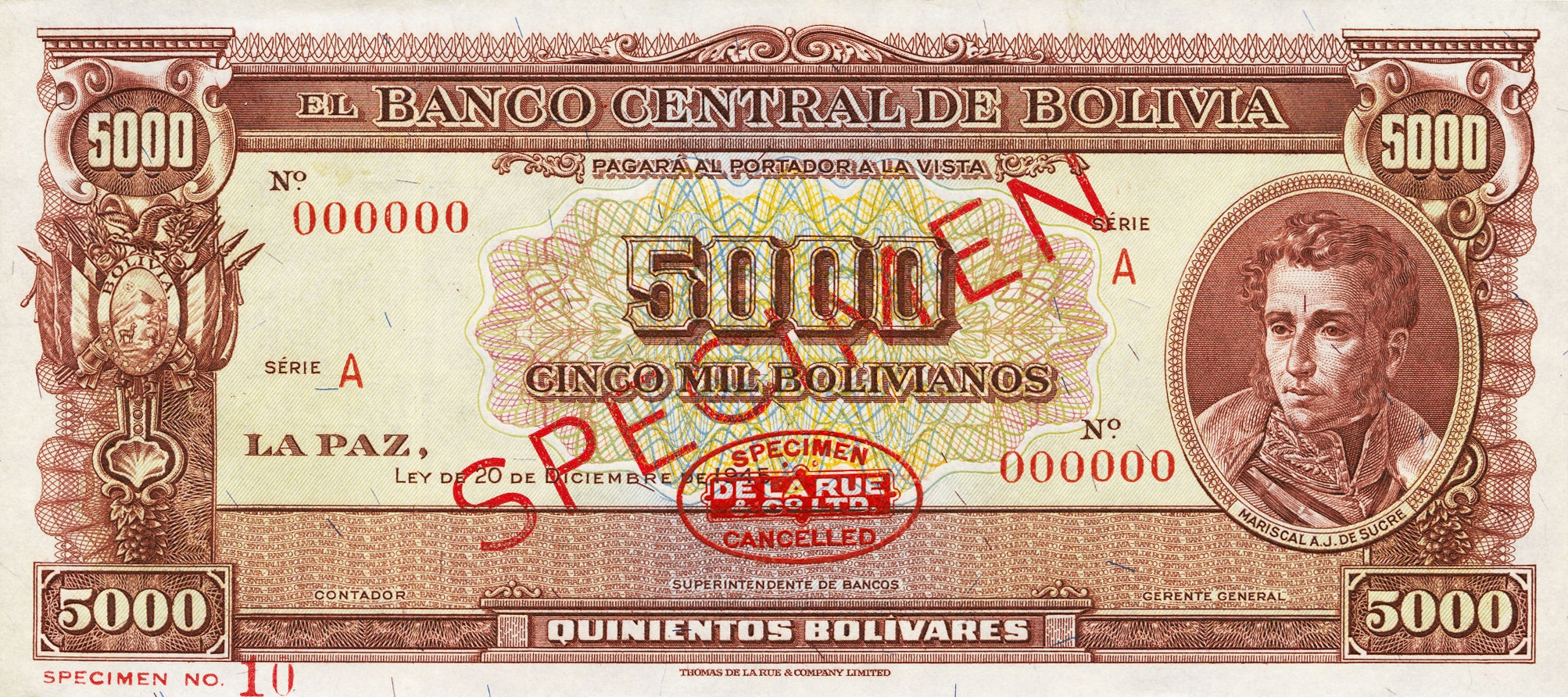  Diagonal red SPECIMEN and DLR oval ovpts front; diagonal red SPECIMEN ovpt back; horizontal red SPECIMEN No ovpt lower left; no sig ; all-zero s/n 