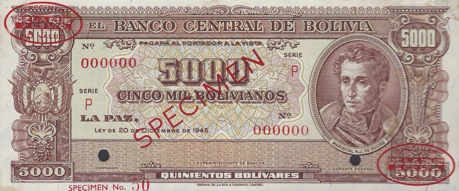  Diagonal red SPECIMEN and DLR oval ovpts; horizontal red SPECIMEN No ovpt lower left; no sig ; all-zero s/n 