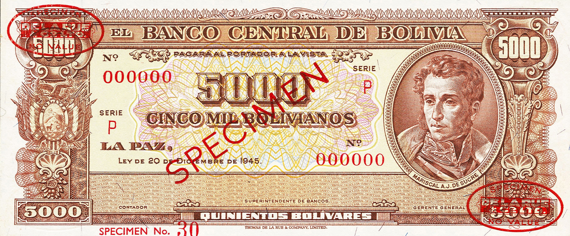  Diagonal red SPECIMEN and DLR oval ovpts; horizontal red SPECIMEN No ovpt lower left; no sig ; all-zero s/n 