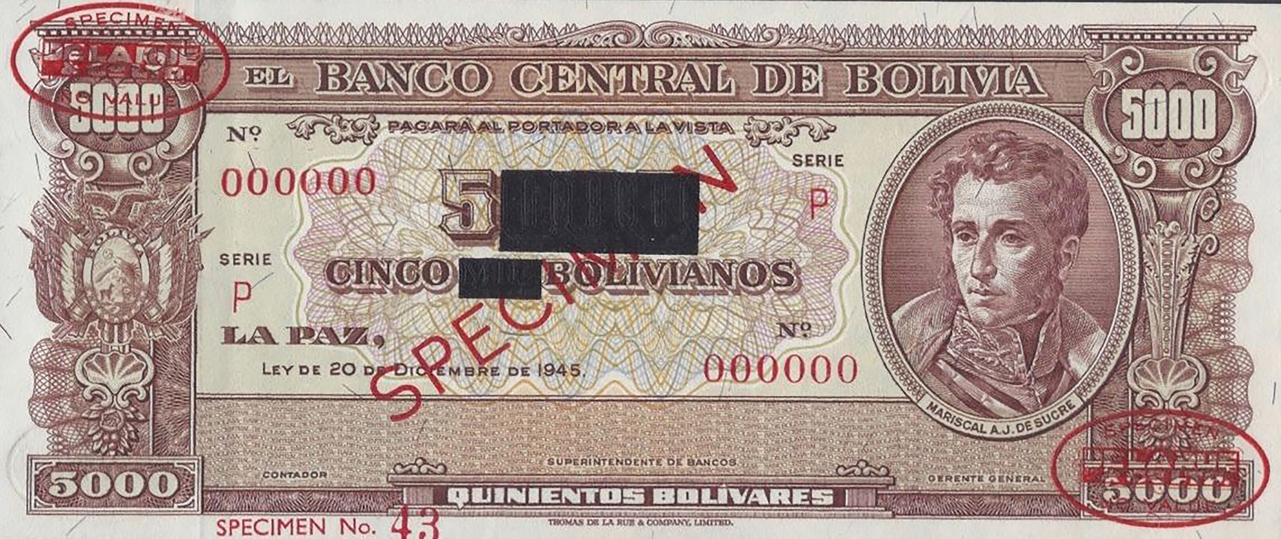  Diagonal red SPECIMEN and DLR oval ovpts; horizontal red SPECIMEN No ovpt lower left; horizontal black rectangular ovpts obscuring denomination font; no sig ; all-zero s/n 