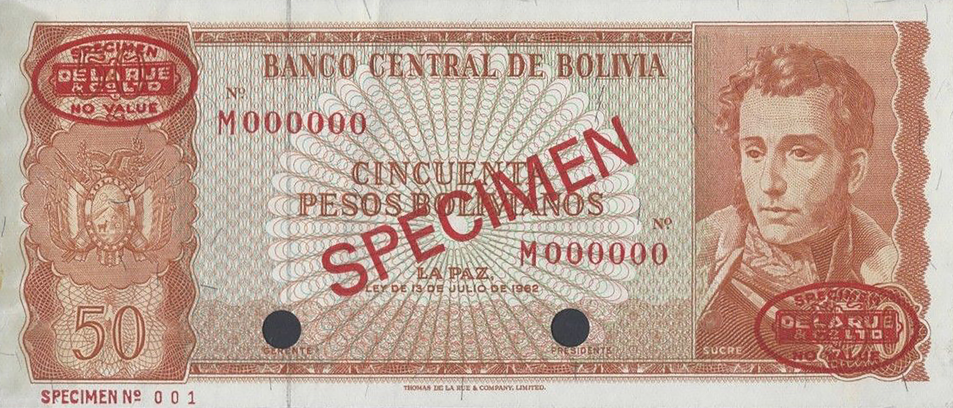  Diagonal red SPECIMEN and DLR oval ovpts; horizontal red SPECIMEN No ovpt lower left; no sig ; all-zero s/n 