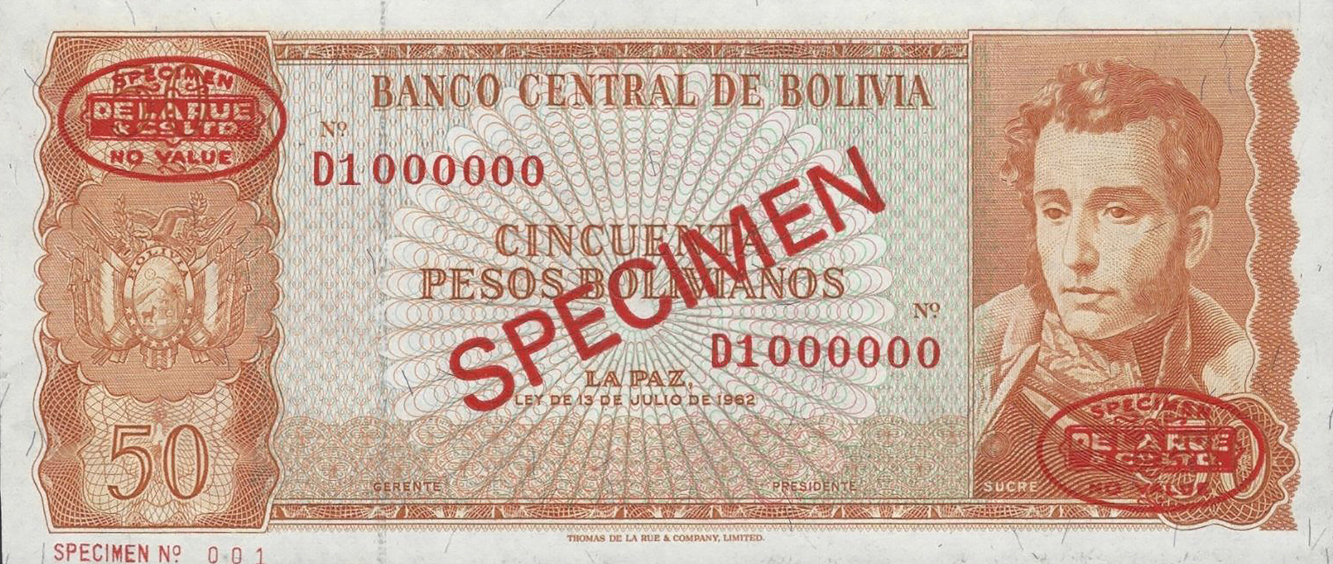  Diagonal red SPECIMEN and DLR oval ovpts; horizontal red SPECIMEN No ovpt lower left; no sig ; all-zero s/n 