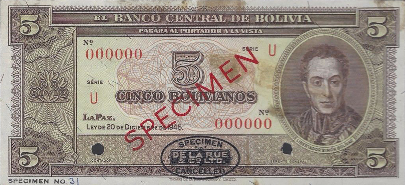  Diagonal red SPECIMEN ovpt front/back; black DLR oval ovpt front; horizontal black SPECIMEN NO # ovpt lower left front; no sig ; all-zero s/n 