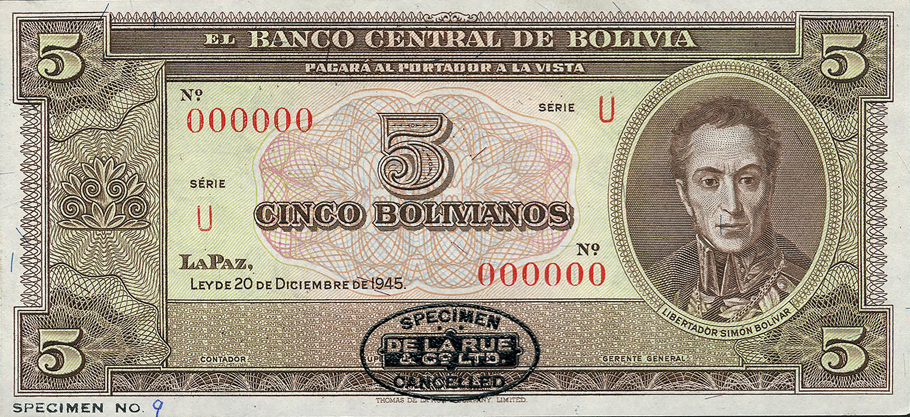  Black DLR oval ovpt front; horizontal black SPECIMEN NO # ovpt lower left front; no sig ; all-zero s/n 