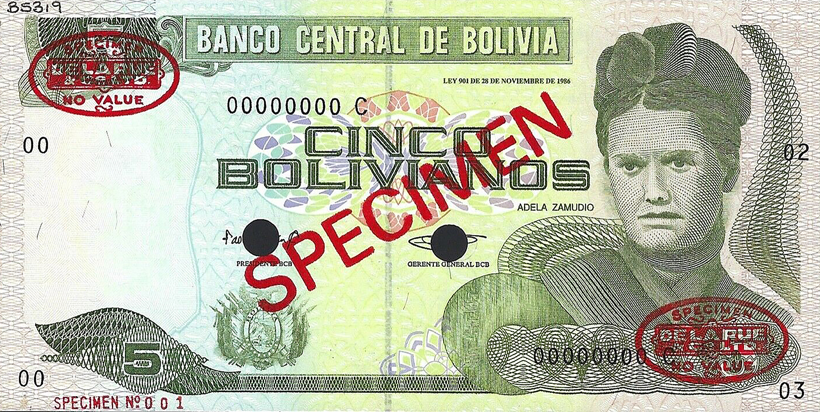  Diagonal red SPECIMEN and DLR oval ovpts; horizontal red SPECIMEN No # ovpt lower left; all-zero s/n 