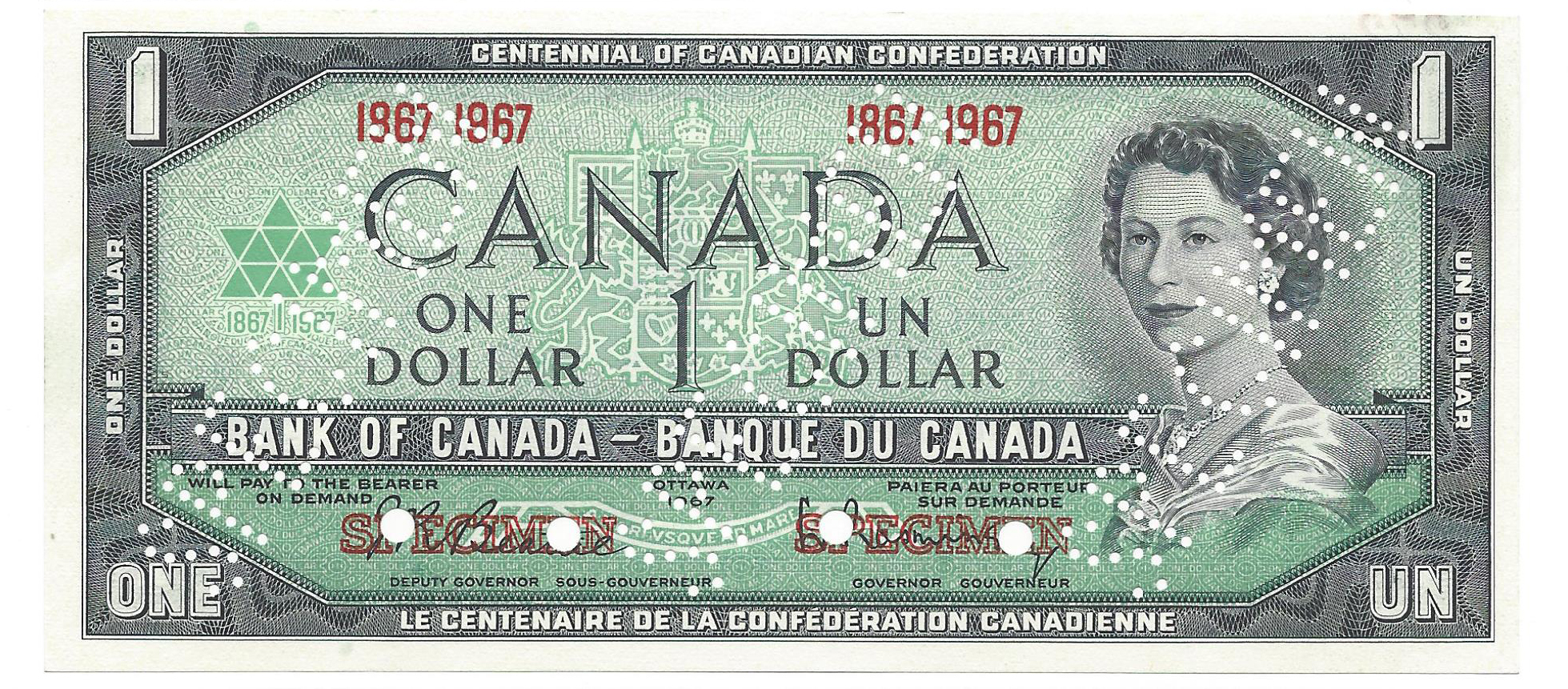  Horizontal red hollow SPECIMEN ovpt front/back; three diagonal SPECIMEN perfs; horizontal red # ovpt upper left back; all-zero s/n 