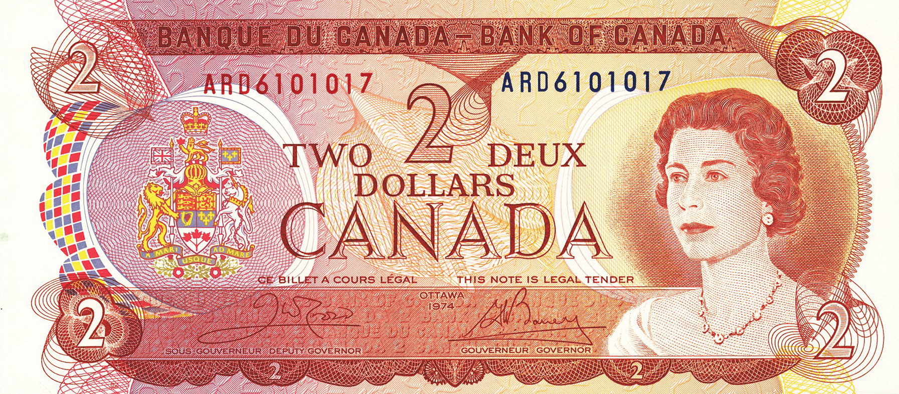  1974 Sig 7: Lawson/Bouey Intaglio back 2- or 3-letter prefix Color variations exist within BA - BZ prefix range Intro: 05 08 1975 