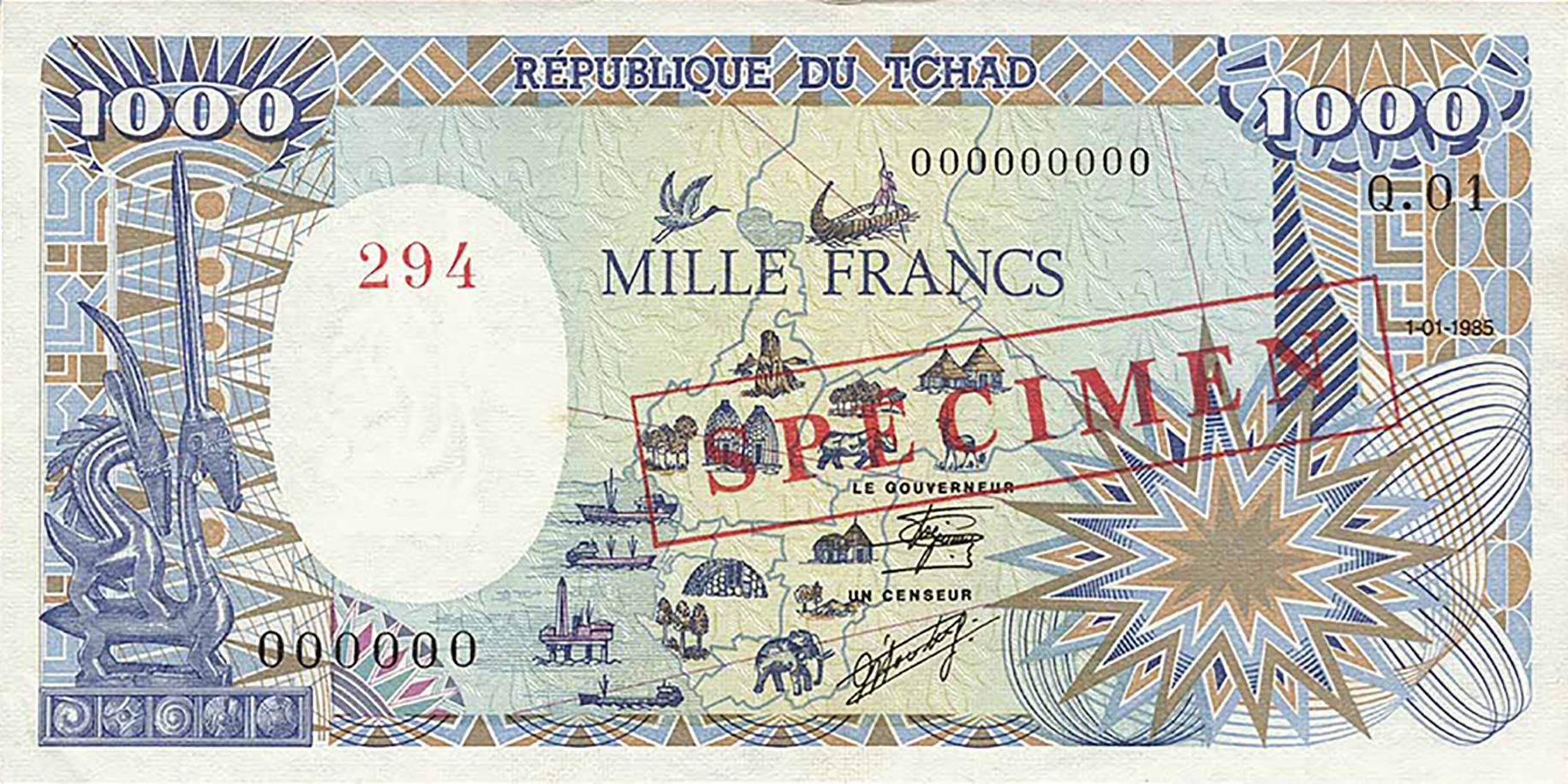  Diagonal red boxed SPÉCIMEN ovpt front; horizontal red # ovpt upper left front; all-zero s/n 