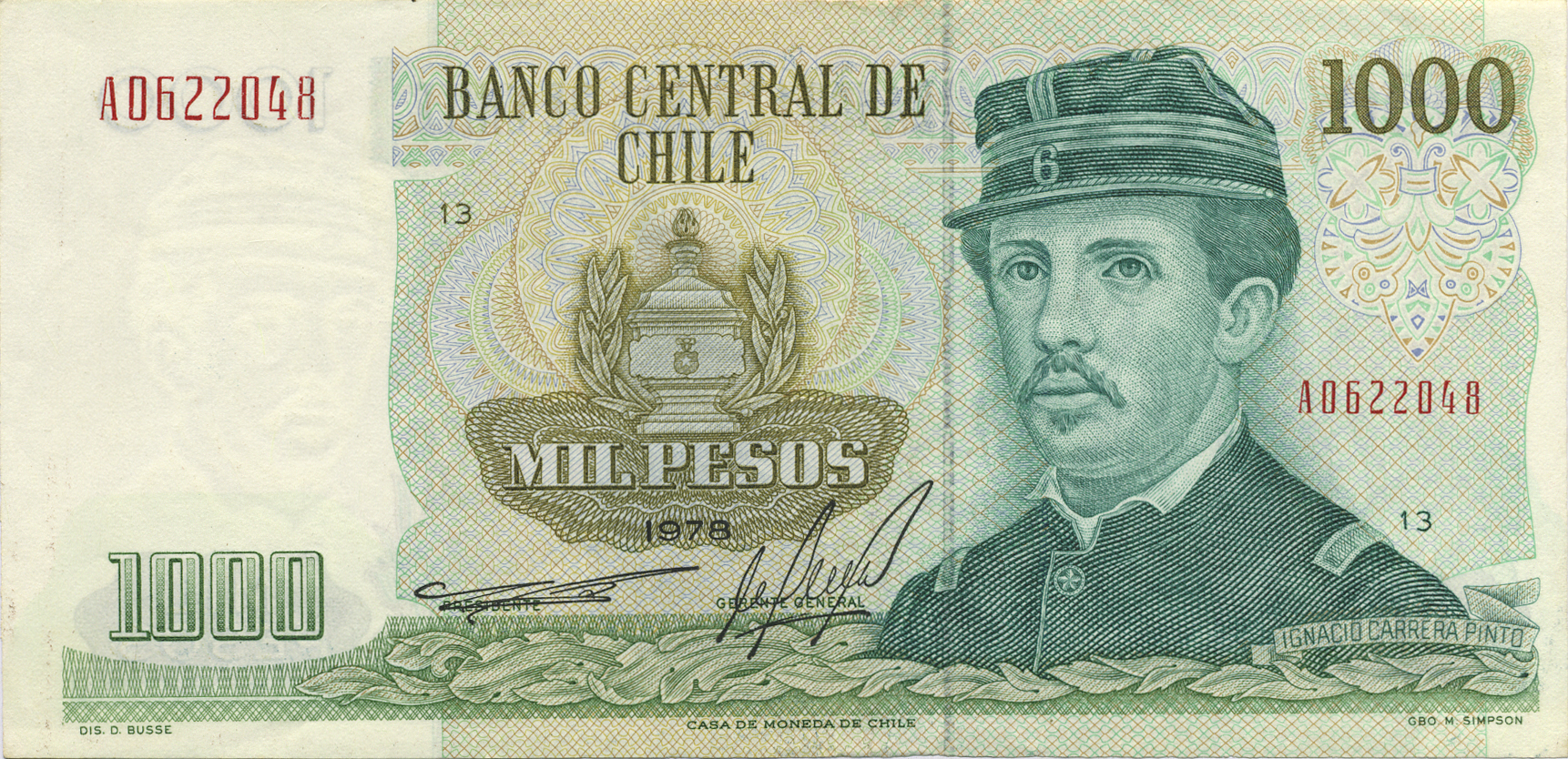  1978 Sig 20: Bardón/Molina Solid security thread with printed BANCO CENTRAL DE CHILE Printer: CASA DE MONEDA DE CHILE With DIS D BUSSE / GBO M SIMPSON lower left/right front Prefix A 