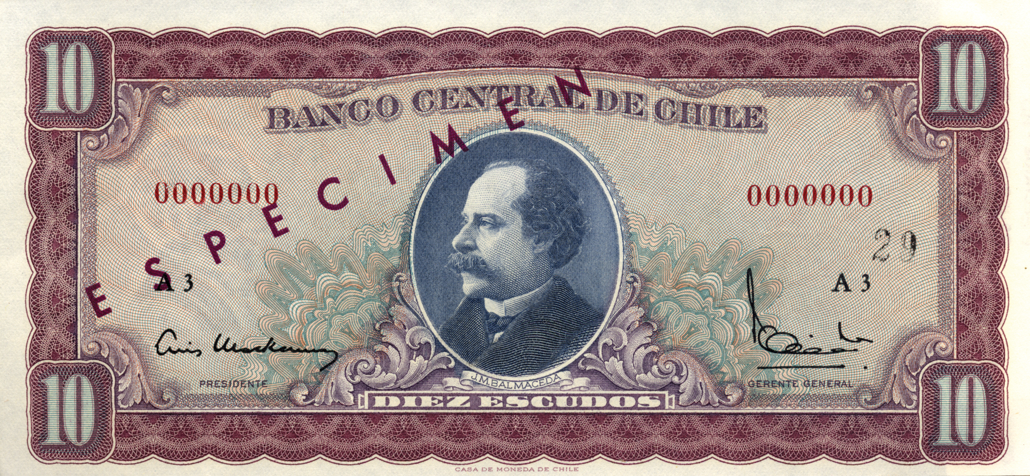  Diagonal purple ESPECIMEN ovpt front/back; horizontal black # ovpt right center front; all-zero s/n 