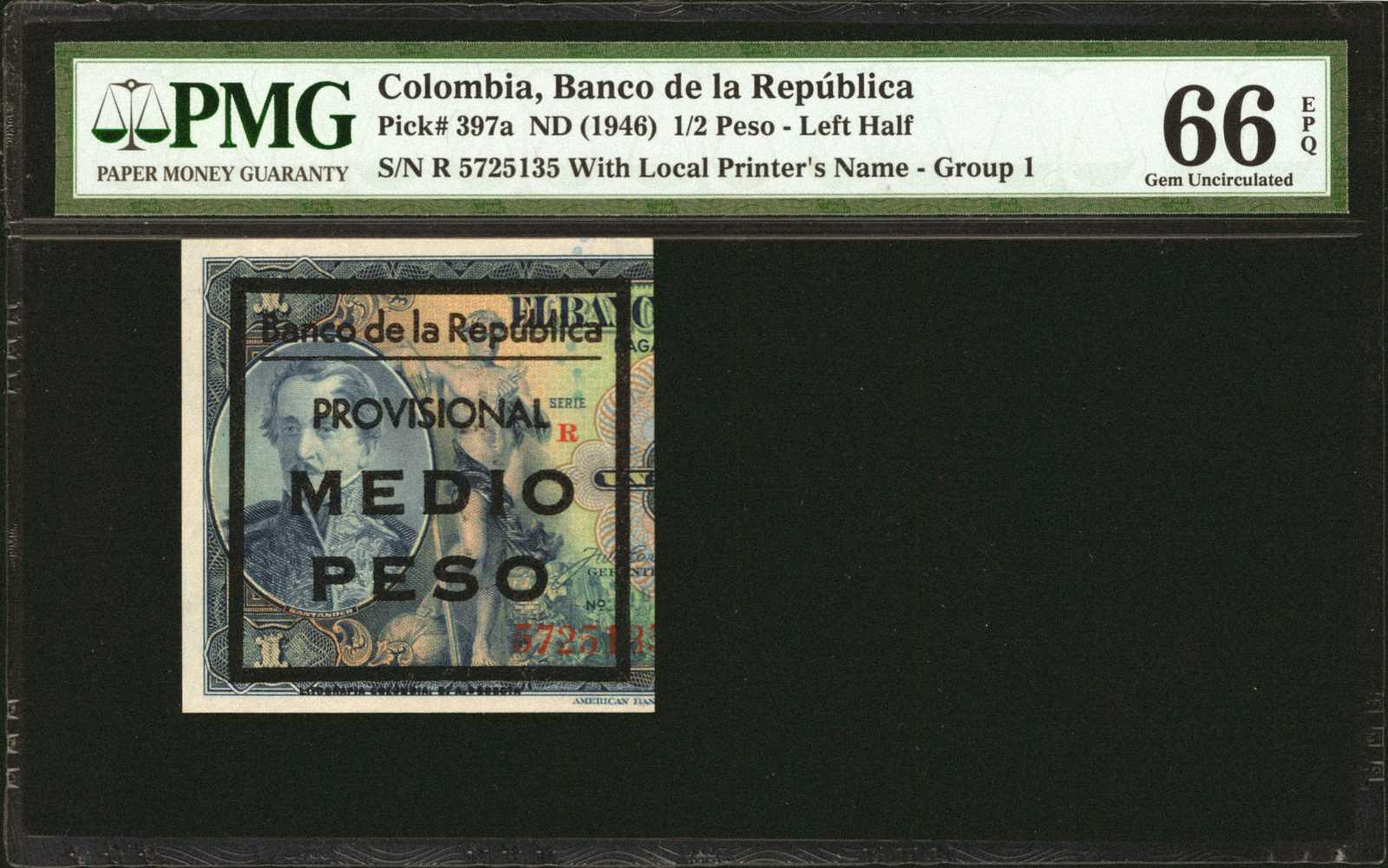  20 DE JULIO DE 1942 Ovpt on left front, with printer imprint: LITOGRAFIA COLOMBIA, S A - BOGOTA Intro: 00 12 1945 