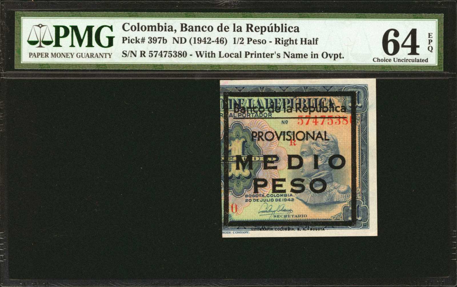  Ovpt on right front, with printer imprint: LITOGRAFIA COLOMBIA, S A - BOGOTA 