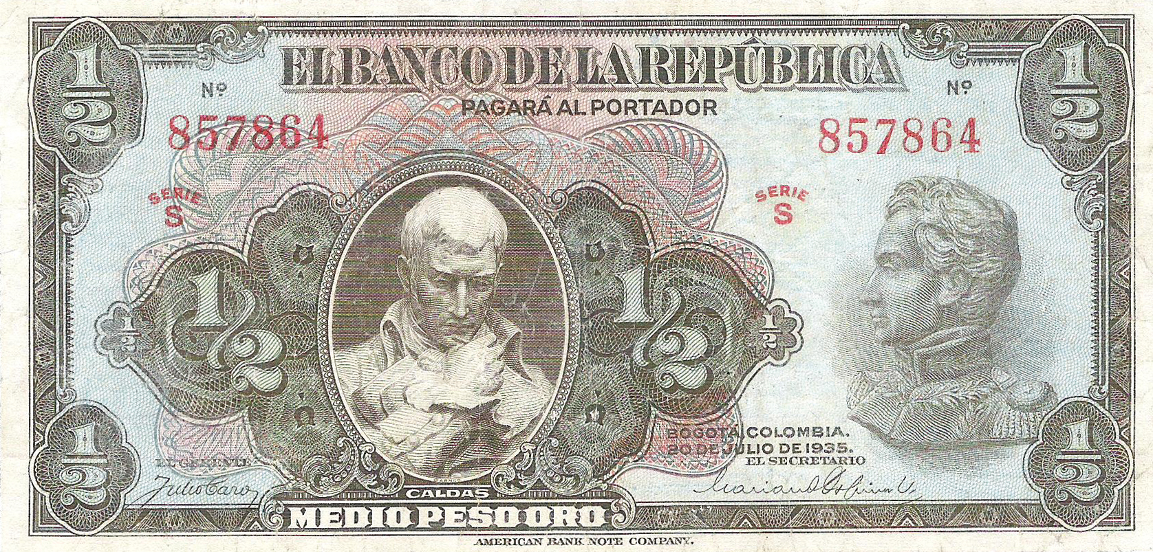  20 DE JULIO DE 1935 Sig 3c: Caro/Ospina Series S 6- or 7-digit s/n 