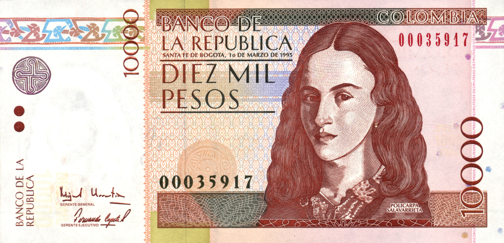  1o DE MARZO DE 1995 Sig 19: Urrutia/Copete Printer: IMPRENTA DE BILLETES SANTA FE DE BOGOTA 8-digit s/n Intro: 30 11 1995 