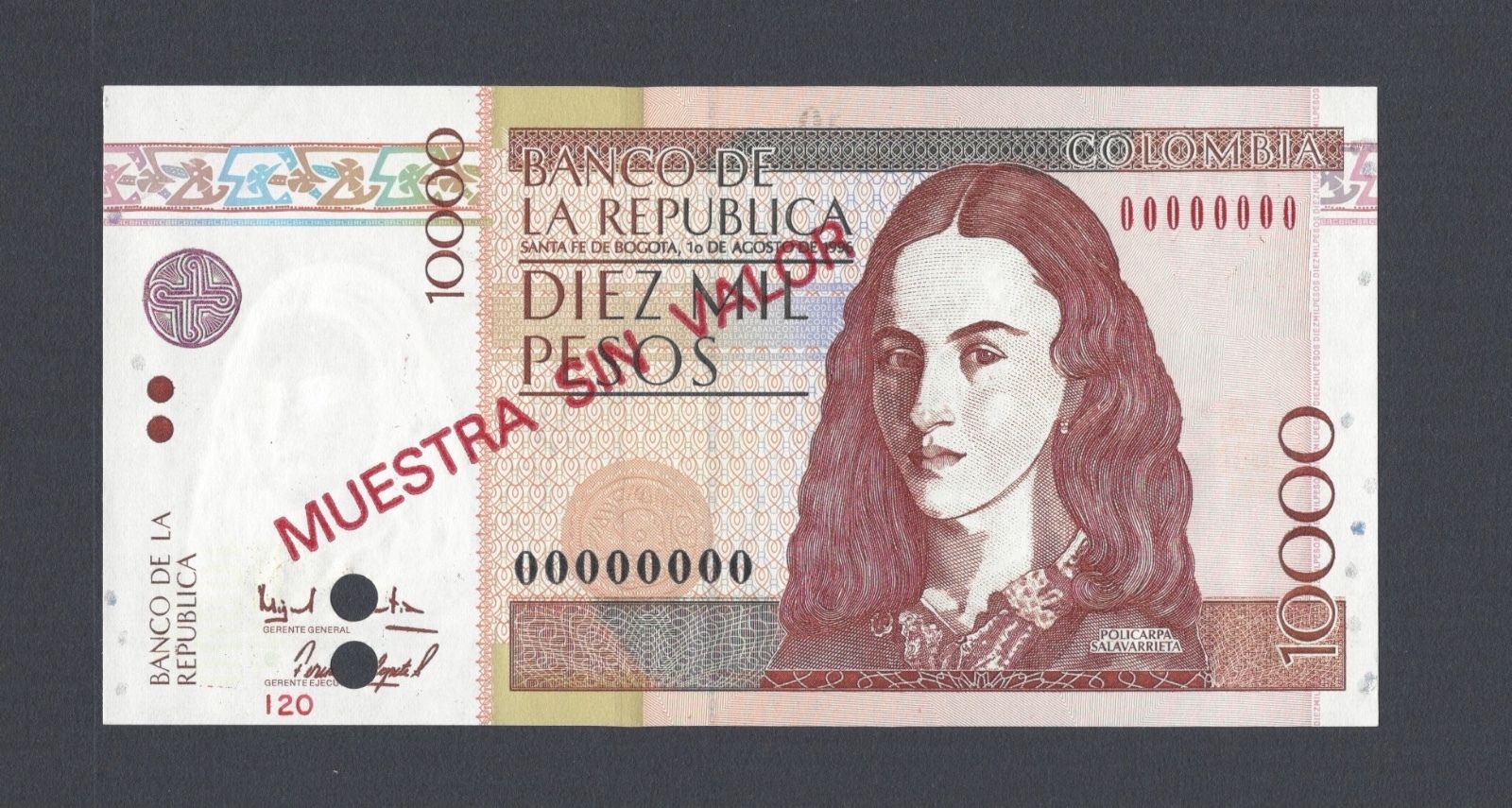  Diagonal red MUESTRA SIN VALOR ovpt front/back; horizontal red # ovpt lower left front; all-zero s/n 