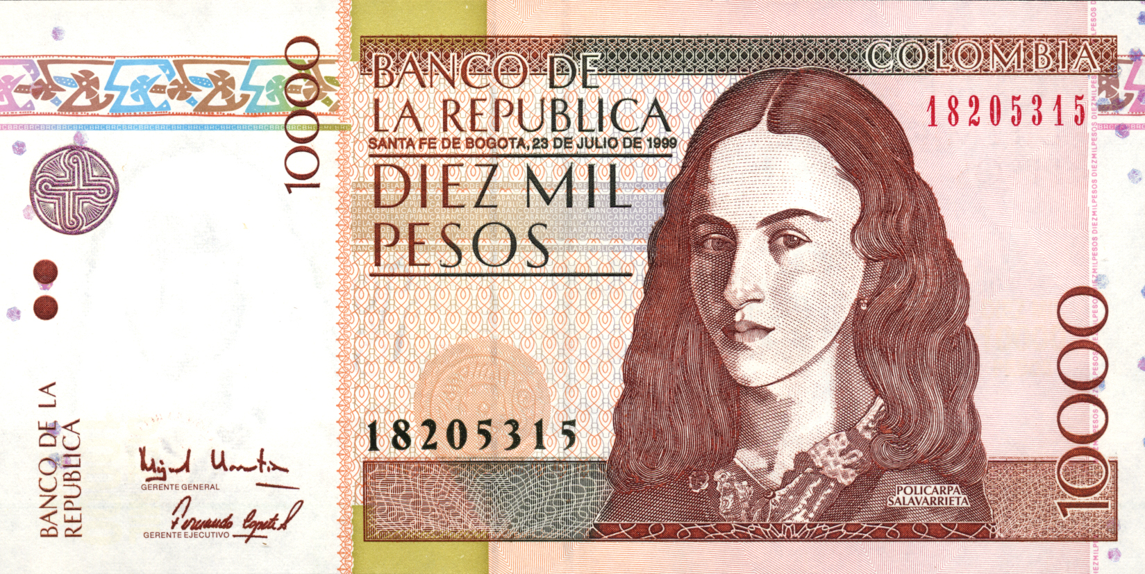  23 DE JULIO DE 1999 Sig 19: Urrutia/Copete Printer: IMPRENTA DE BILLETES SANTA FE DE BOGOTA Paper with planchettes 8-digit s/n Intro: 20 12 1999 