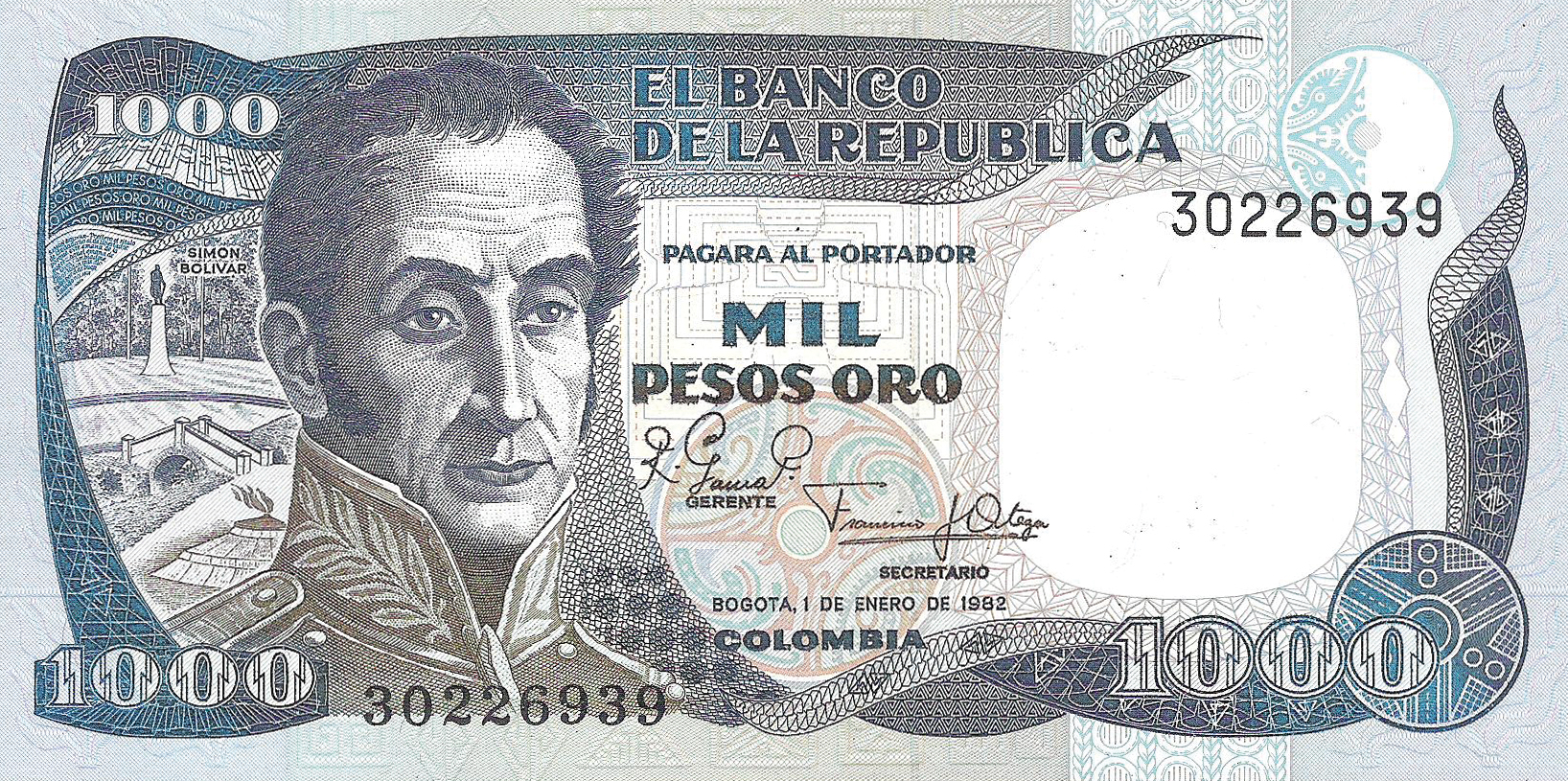  1 DE ENERO DE 1982 Sig 13: Gamma/Ortega Solid security thread with printed BRC 1000 Printer: THOMAS DE LA RUE AND COMPANY LIMITED 8-digit s/n Intro: 25 11 1982 