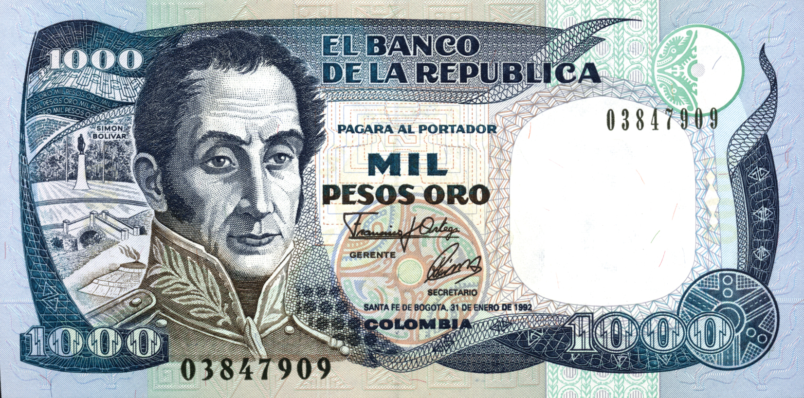  31 DE ENERO DE 1992 Sig 18: Ortega/del Hierro Printer: IMPRENTA DE BILLETES — SANTA FE DE BOGOTA Intro: 04 03 1992 