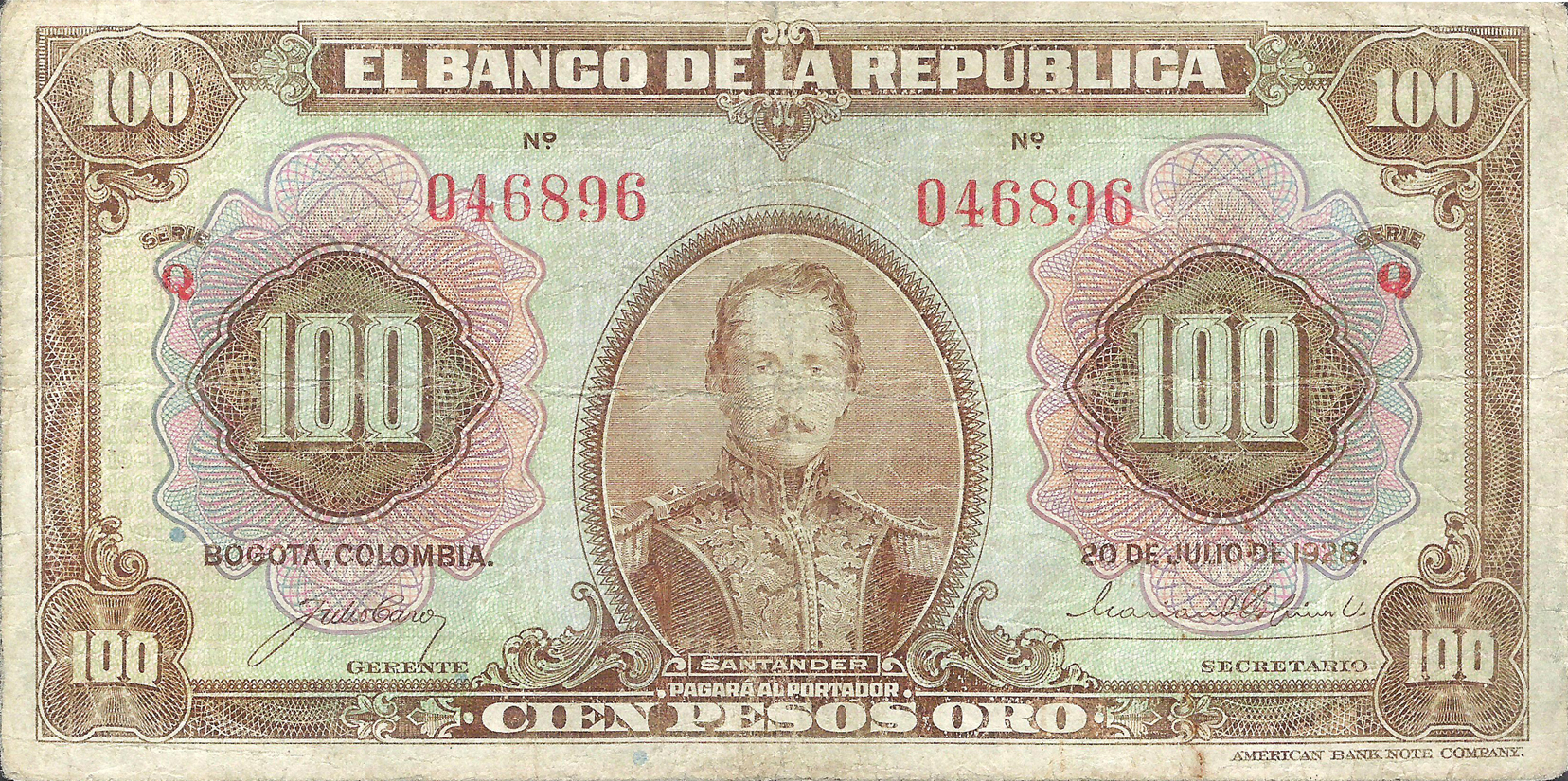  20 DE JULIO DE 1928 Sig 3a: Caro/Ospina/Posada Series Q 6-digit s/n 