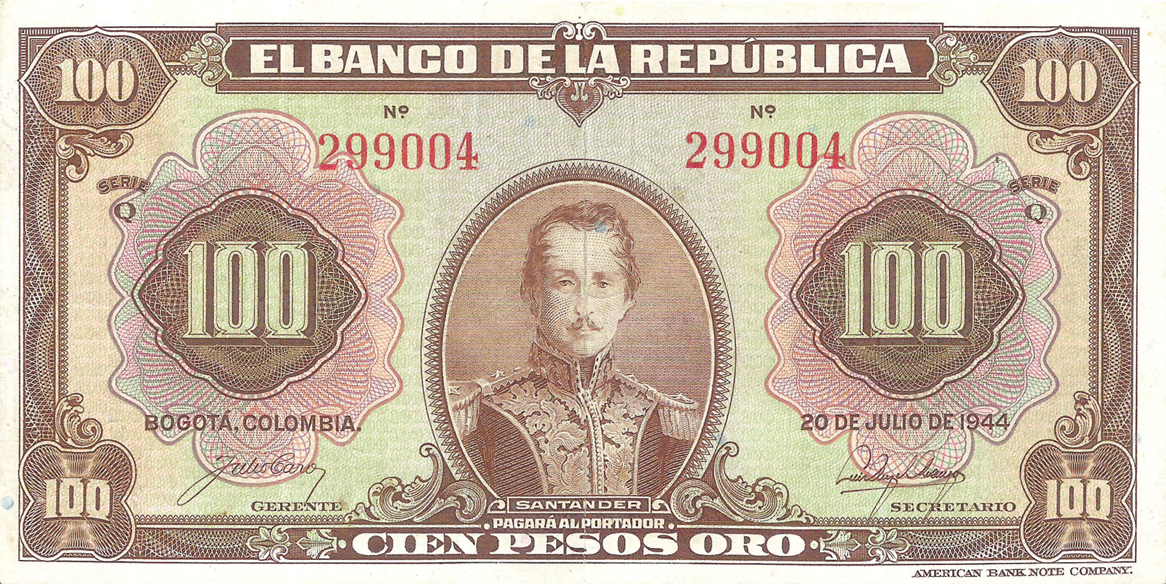  20 DE JULIO DE 1944 Sig 4: Caro/Arango Series Q 6-digit s/n 