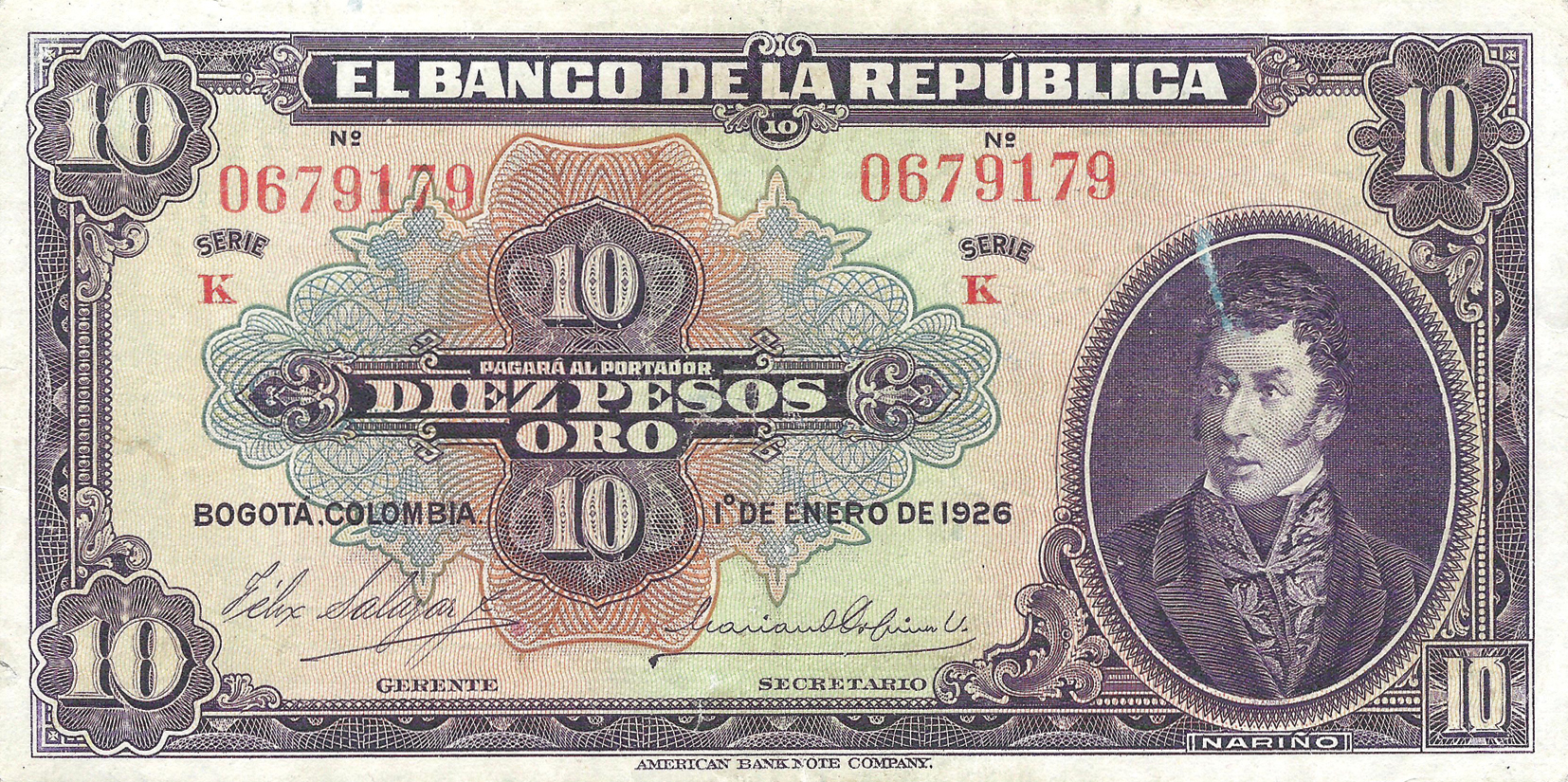  1o DE ENERO DE 1926 Sig 2: Salazar/Ospina/Posada Series K 7-digit s/n 