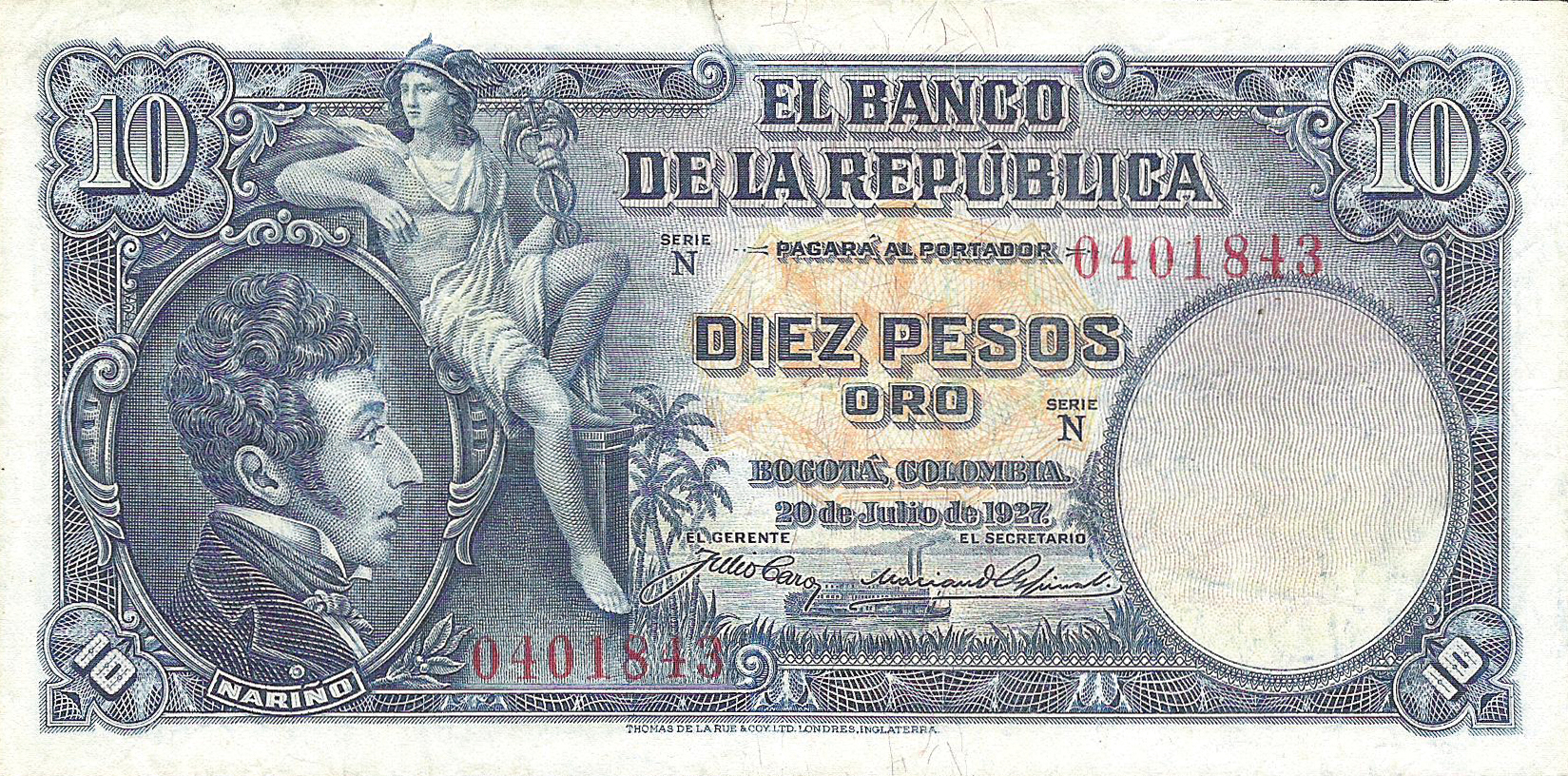  20 de Julio de 1927 Sig 3b: Caro/Ospina/Posada Series N 7-digit s/n 