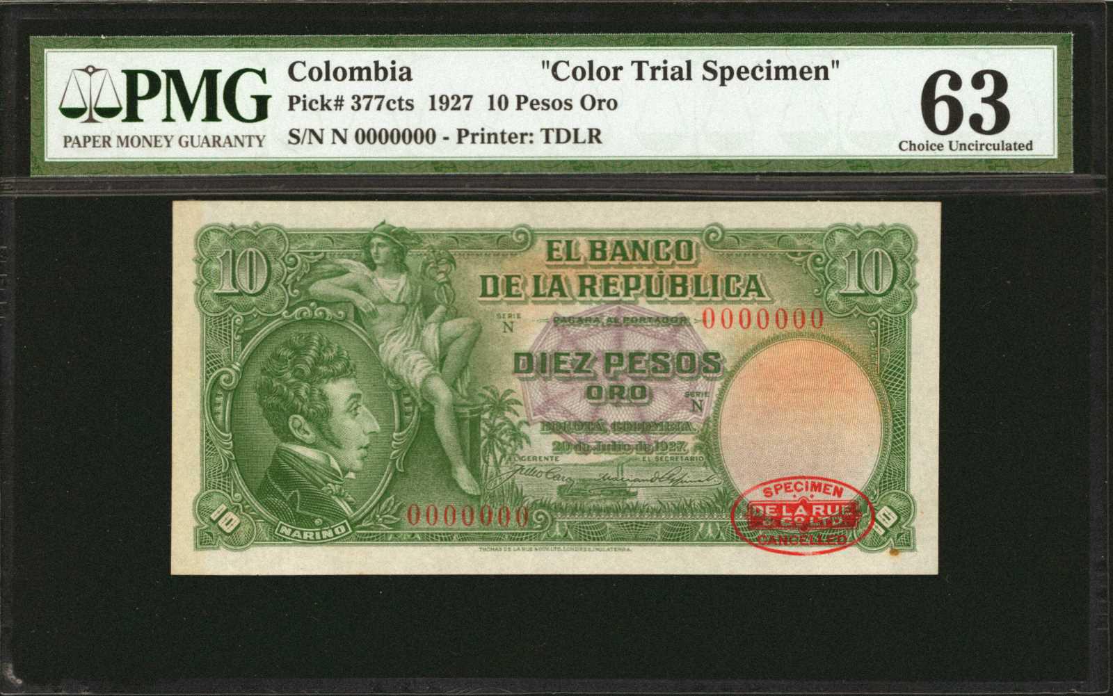  Green; red DLR oval ovpt lower right front; all-zero s/n 