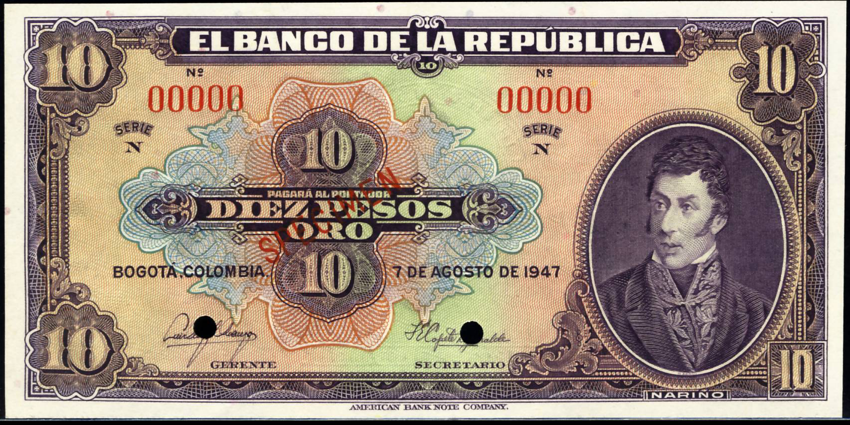  Diagonal red SPECIMEN ovpt front; all-zero s/n 