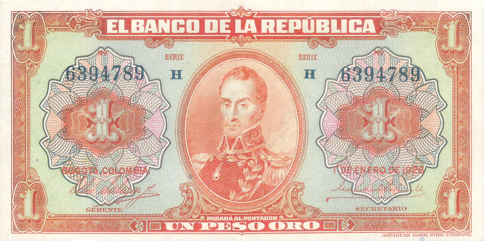  1o DE ENERO DE 1926 Sig 2: Salazar/Ospina/Posada Series H 7-digit s/n 