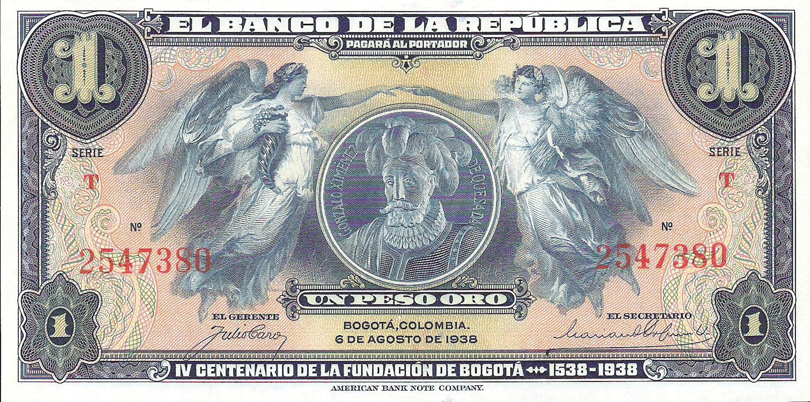  6 DE AGOSTO DE 1938 Sig 3c: Caro/Ospina Series T 6- or 7-digit s/n 