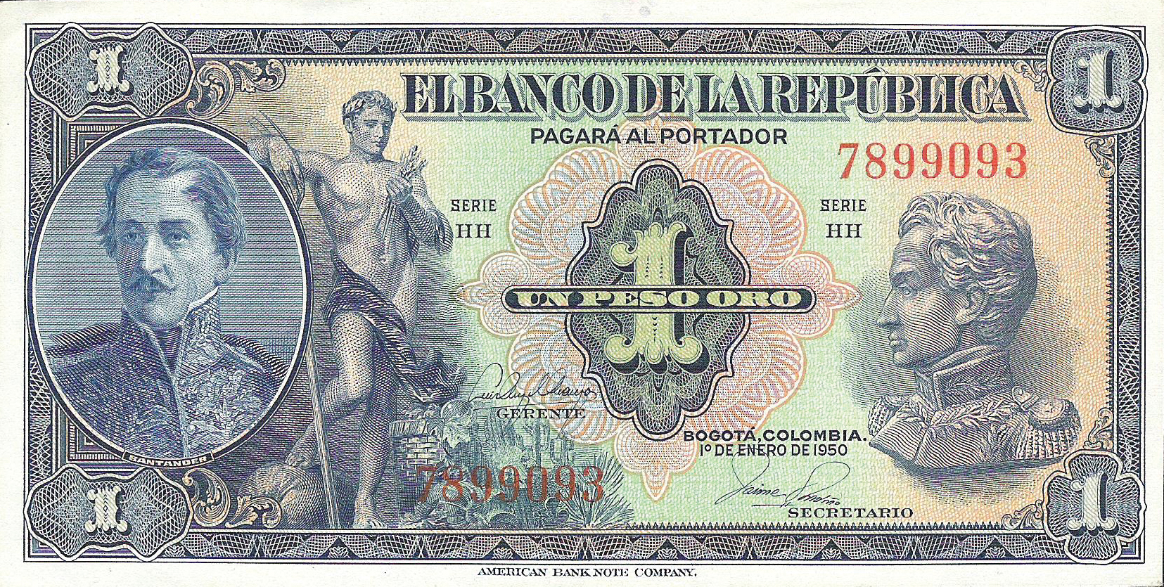  1o DE ENERO DE 1950 Sig 6: Arango/Londoño Series HH in blue 7- or 8-digit s/n 