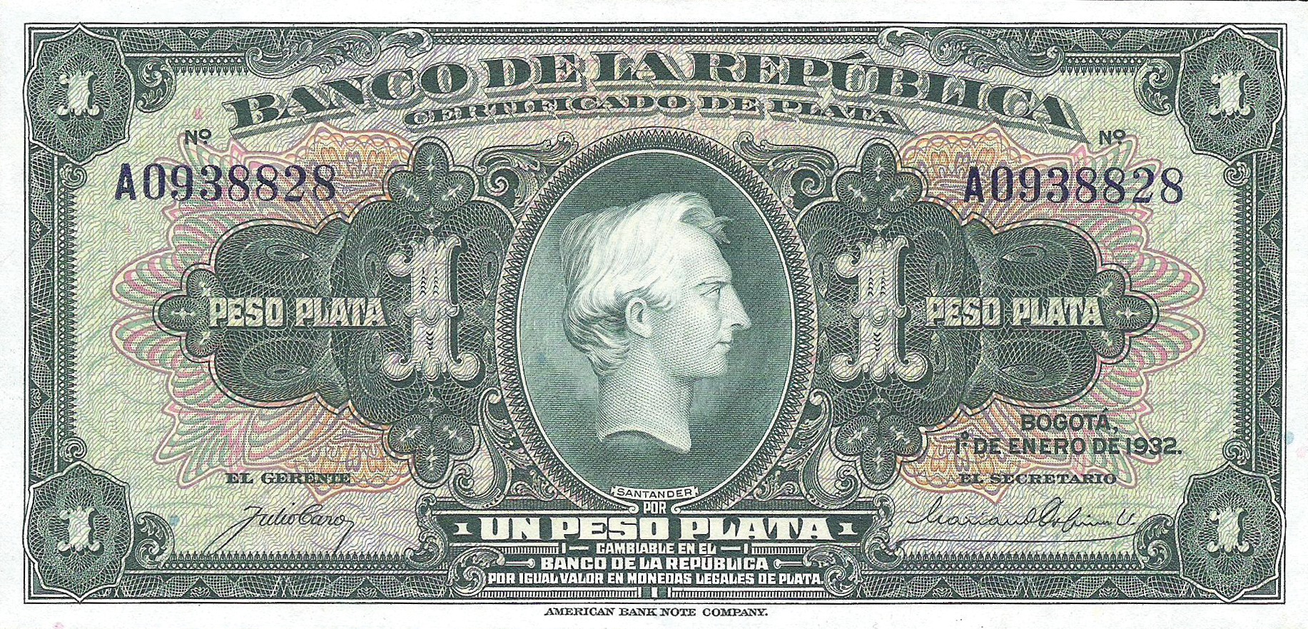  1° DE ENERO DE 1932 Sig 3c: Caro/Ospina Prefix A 7-digit s/n 