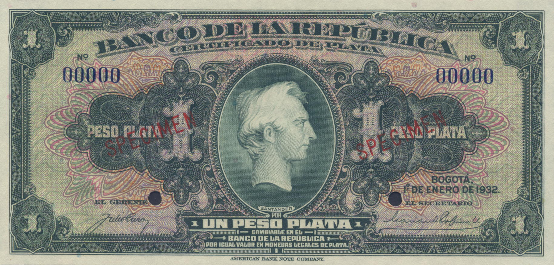  Two diagonal red SPECIMEN ovpts front; all-zero s/n 