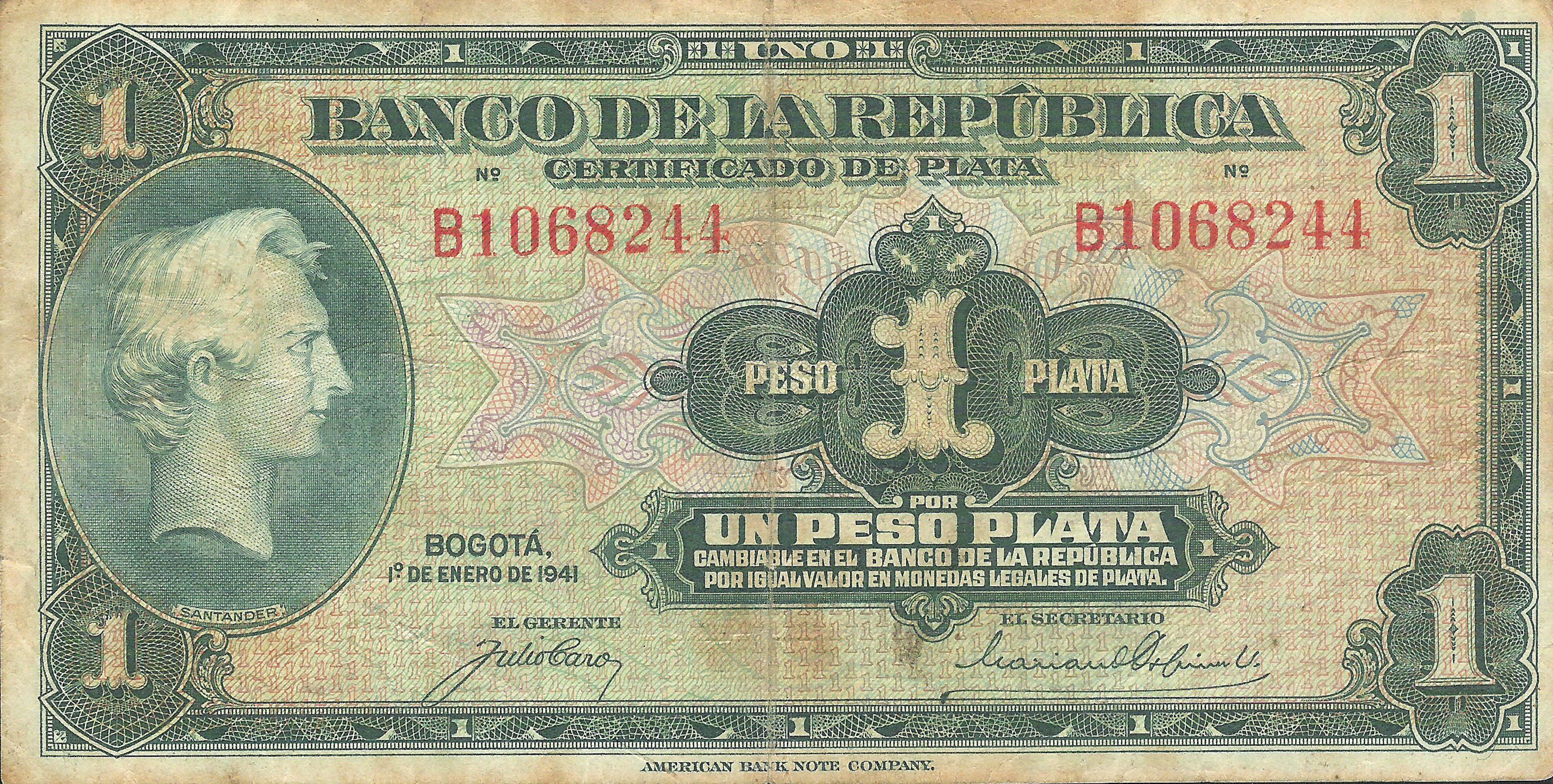  1o DE ENERO DE 1941 Sig 3c: Caro/Ospina Prefix B 6- or 7-digit s/n 