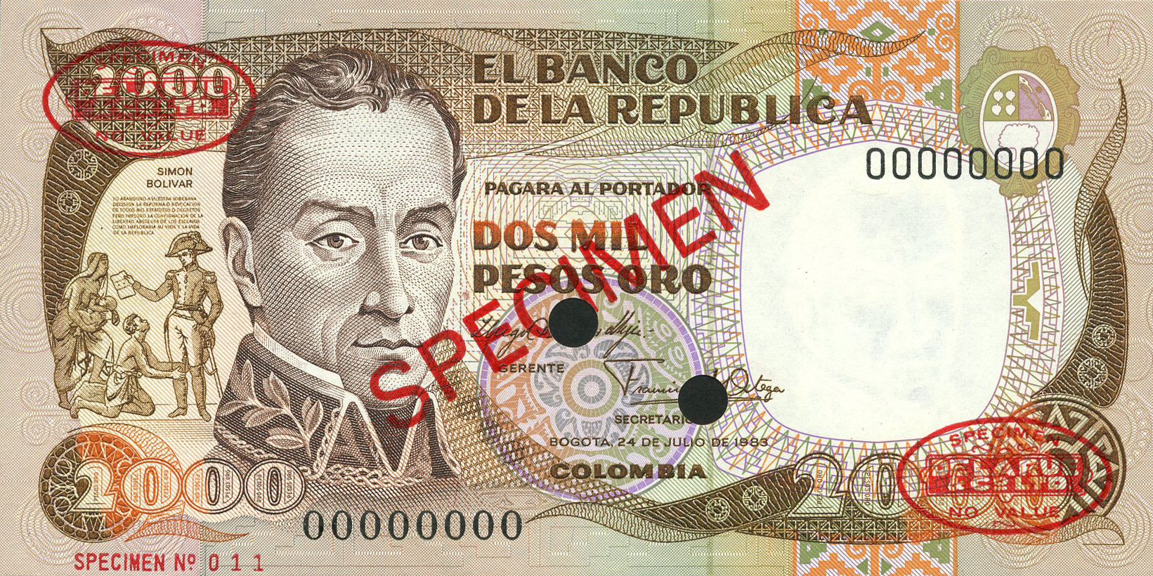  Diagonal red SPECIMEN and DLR oval ovpts; horizontal red SPECIMEN NO # ovpt lower left; all-zero s/n 