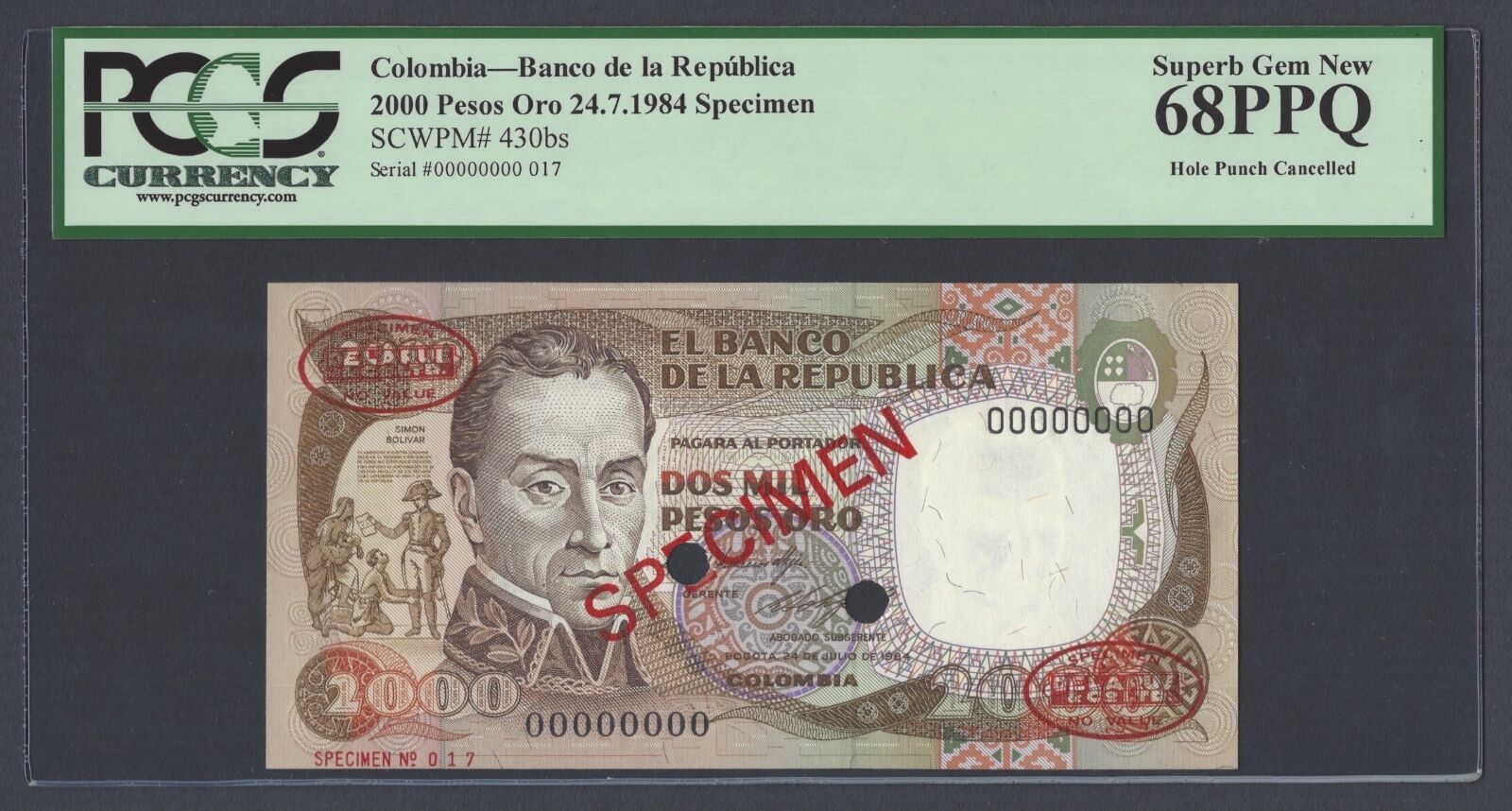  Diagonal red SPECIMEN and DLR oval ovpts; horizontal red SPECIMEN NO # ovpt lower left; all-zero s/n 